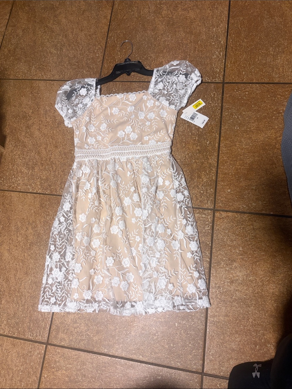 Xtraordinary Beige Dress with White Floral Lace & Puff Sleeves